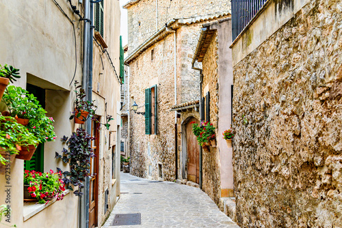 Beautiful views of a street in the picturesque and famous town of Valldemosa, Mallorca, Balearic Islands, Spain