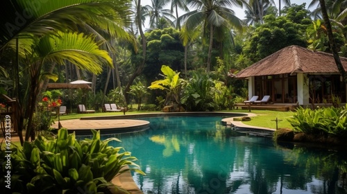 Swimming pool in tropical hotel or house back yard. Panoramic view of nice courtyard, home backyard garden. Scenery of luxury villa among palm trees in resort.  © Creative artist1
