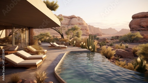 Swimming pool with hot tub and terraced patio at a luxury home in a desert environment. 8k,