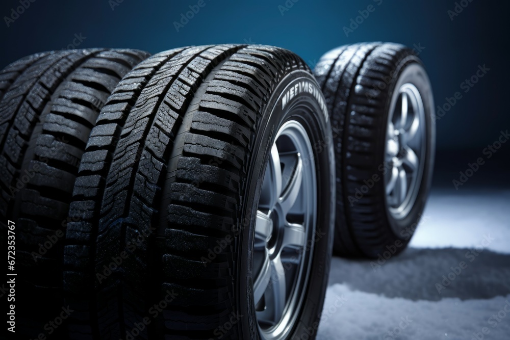 New car tires on the snow. Background with selective focus and copy space New car tires on the snow. Background with selective focus and copy space