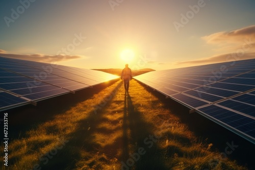 Technician works with solar panels in a field against a sunset background. The concept of environment, renewable sources, power generation, alternative energy and ecology. © Acronym