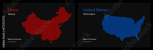 Two maps of China, USA. Political map. Washington DC, Beijing. Capital. World Countries vector maps series. Spiral fingerprint series	
