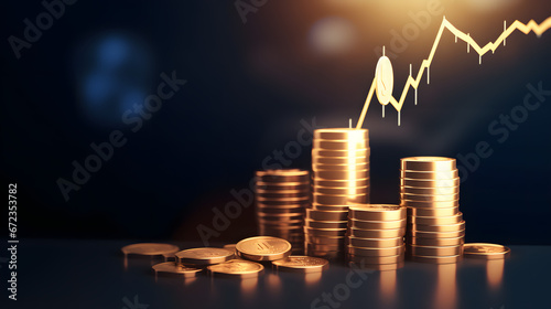 Growth arrow gold coin currency price on money business finance 3d background with success financial market investment earning graph or economy concept cash profit chart and increase stock up symbol. photo
