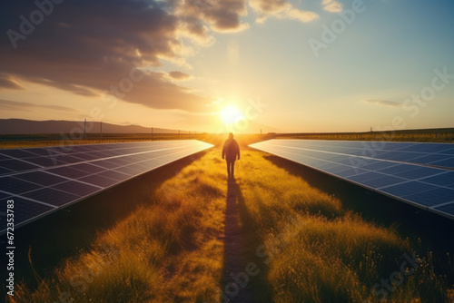 Technician works with solar panels in a field against a sunset background. The concept of environment, renewable sources, power generation, alternative energy and ecology.