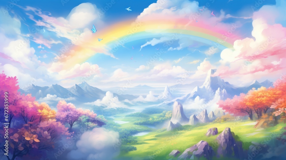 Aerial view of mountainous terrain with diverse flora and mesmerizing cloud formations. Dreamy horizon meets vibrant nature. Ethereal landscapes.