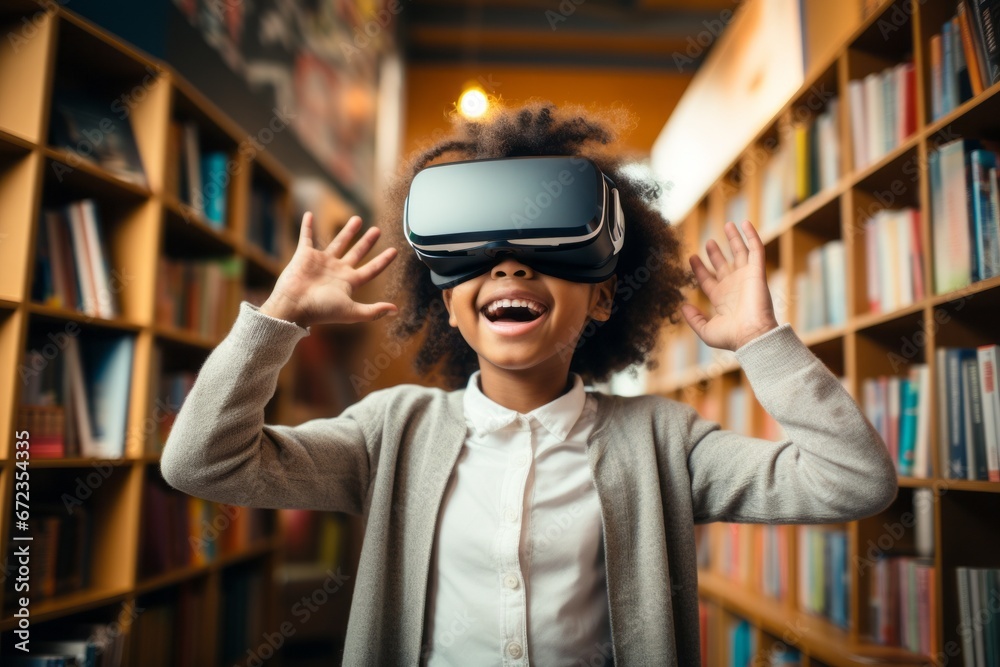 Portrait of a child wearing virtual or augmented reality glasses. Kid in VR mask, modern technology concept Portrait of a child wearing virtual or augmented reality glasses. Kid in VR mask, modern technology concept
