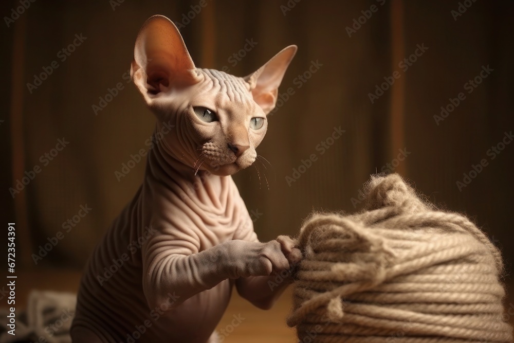 Portrait of a Sphynx kitten with unique skin texture playing on a scratching post.