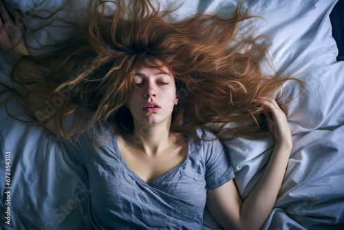 Exhausted woman sleeping on bed with hair spread around her.