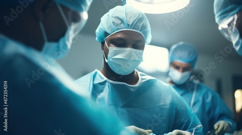 Diverse team of professional medical surgeons perform surgery in the operating room using high-tech equipment.