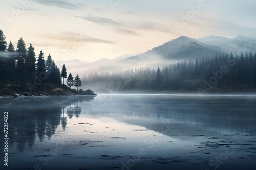 A peaceful, misty morning by a serene lake. 