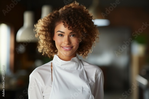 Woman assistant cook. Concept for starting a career as a chef. Portrait with selective focus and copy space