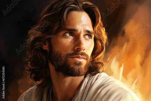 Jesus Christ in a drawing style in warm colors. Religious concept with selective focus and copy space