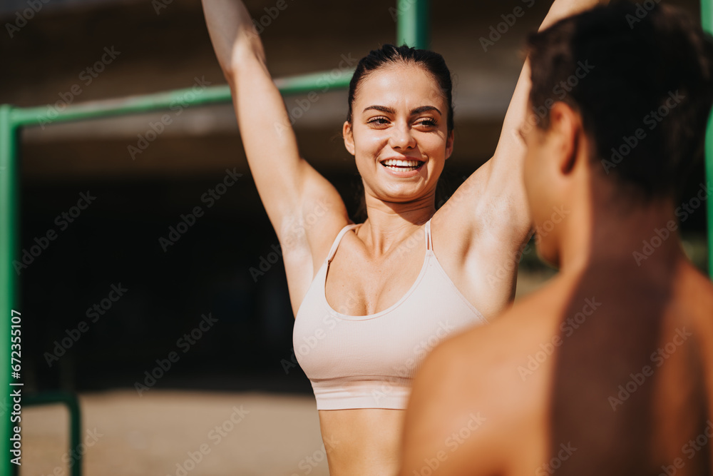 Friends Challenge Each Other to Achieve Better Body Shape with Outdoor Workout in the Park Friends Challenge Each Other to Achieve Better Body Shape with Outdoor Workout in the Park