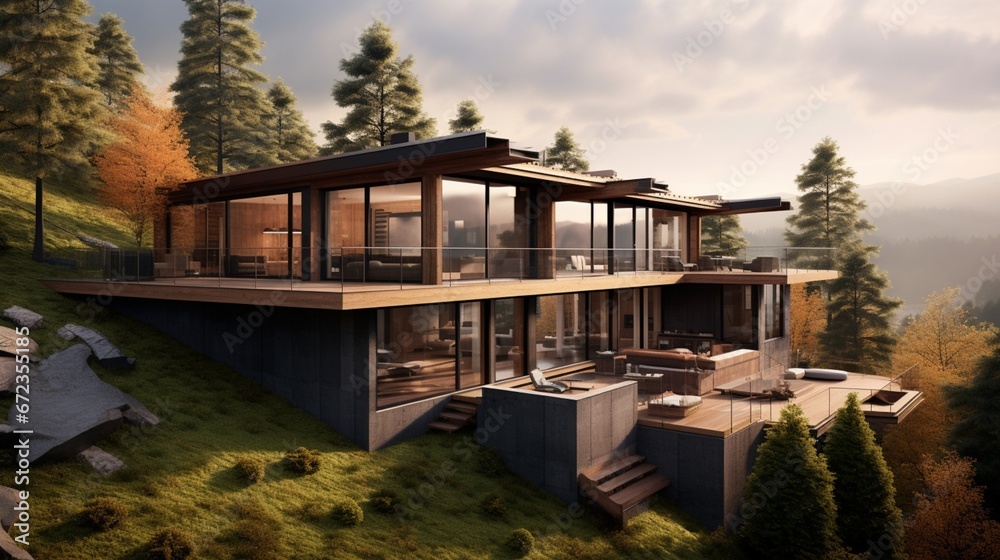 The exterior design of modern eco wooden house on mountain that is full of nature. 