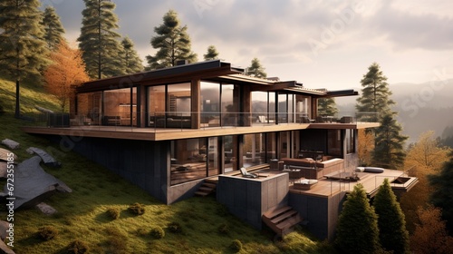 The exterior design of modern eco wooden house on mountain that is full of nature.  © Creative artist1