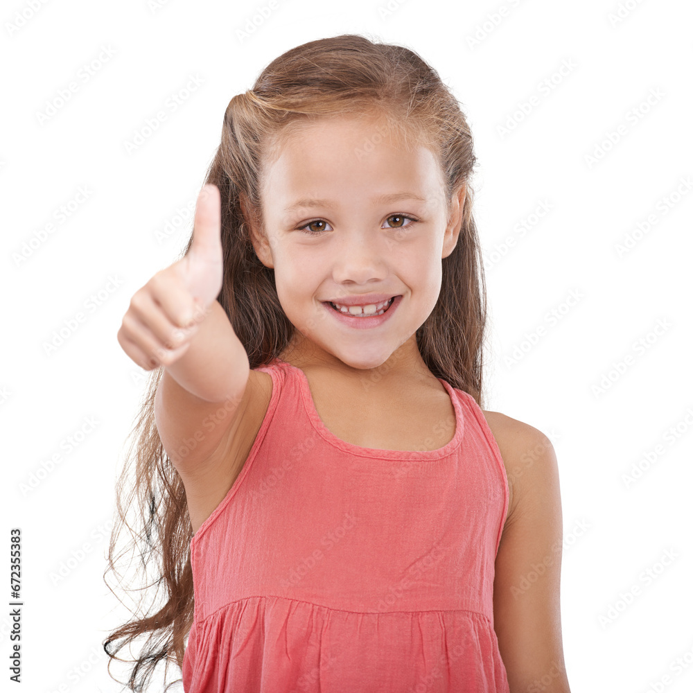 Happy little girl, portrait and thumbs up for winning, good job or success isolated on a transparent PNG background. Female person or young child smile with like emoji, yes sign or OK for thank you Happy little girl, portrait and thumbs up for winning, good job or success isolated on a transparent PNG background. Female person or young child smile with like emoji, yes sign or OK for thank you