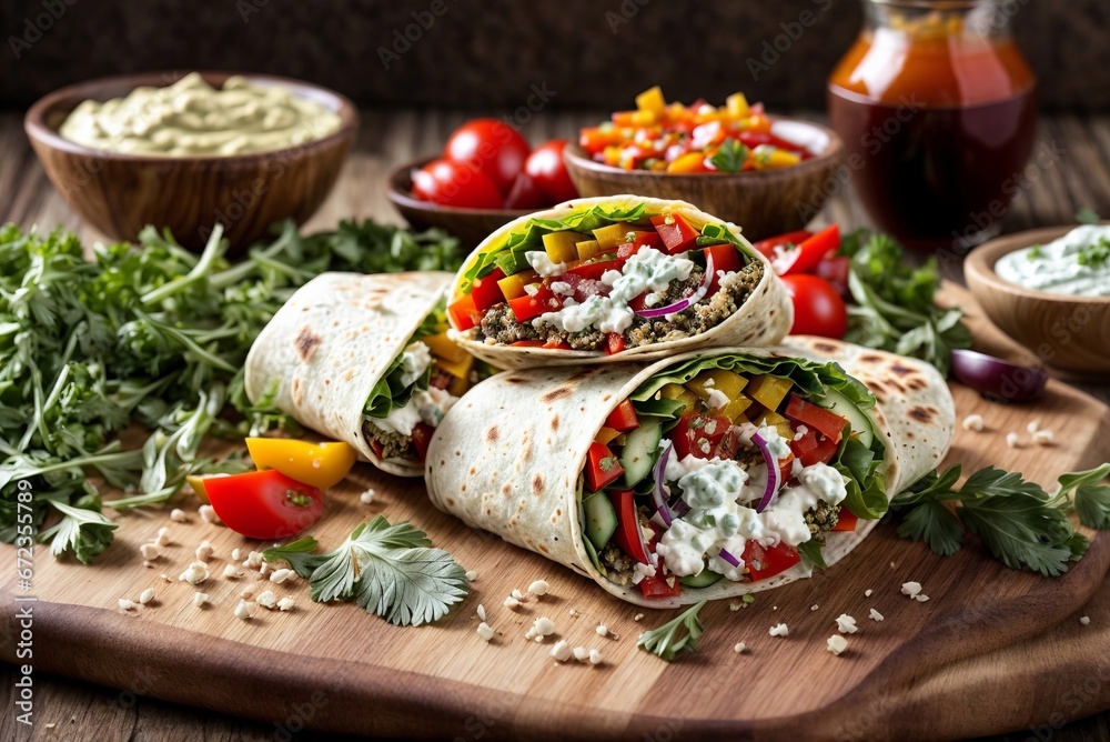 A Rustic Cutting Board with Colorful Veggie Wraps A Rustic Cutting Board with Colorful Veggie Wraps