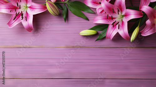  pink lilies on a purple wooden background with space for text.  generative ai