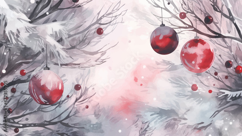 Watercolor holidays background with Christmas tree ball toys on the fir tree. Vector illustration. Generated Ai
