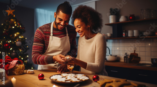 A joyful couple is intimately bonding over baking and decorating gingerbread cookies in a cozy Christmas-decorated kitchen  surrounded by festive lights and ornaments.