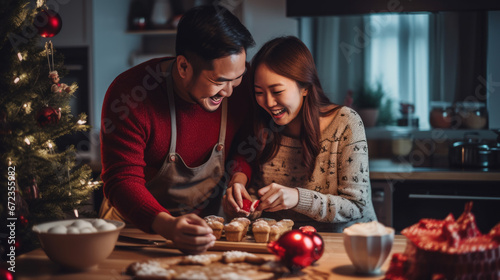 A joyful couple is intimately bonding over baking and decorating gingerbread cookies in a cozy Christmas-decorated kitchen, surrounded by festive lights and ornaments.