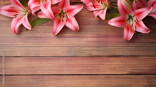  a bunch of pink lilies on a wooden surface with space for text.  generative ai