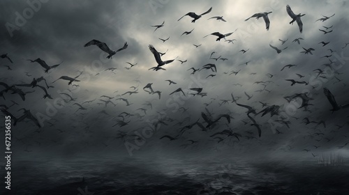 Flock of birds flying in a foggy sea. photo