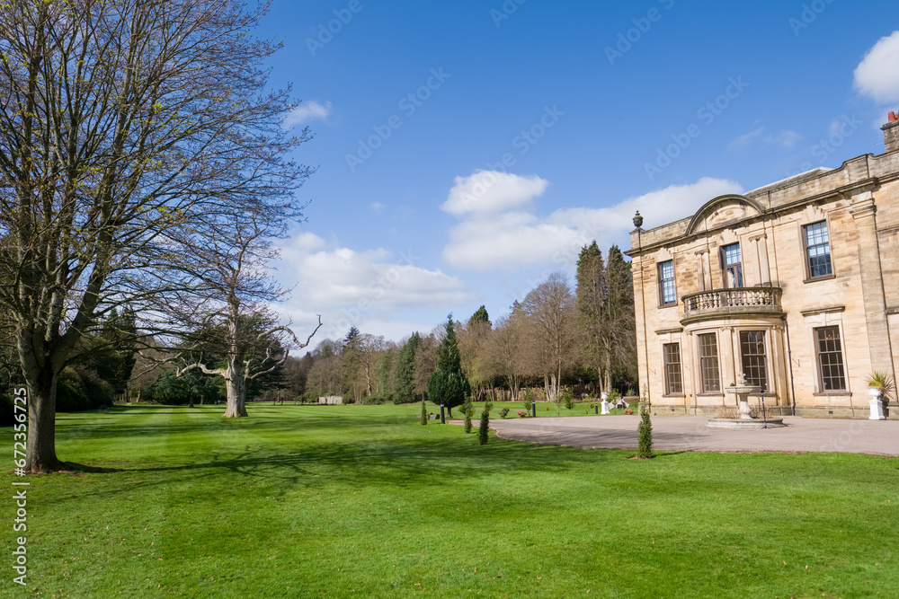Durham UK: 3rd April 2023: The grounds of Beamish Hall Hotel exterior grounds on sunny day. Wedding Venue and hotel Durham UK: 3rd April 2023: The grounds of Beamish Hall Hotel exterior grounds on sunny day. Wedding Venue and hotel