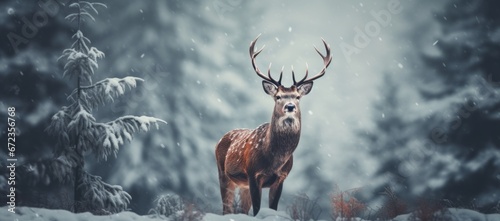 Christmas background with a deer standing in a snowy forest. winter wonderland, banner background xmas card, copy space for text