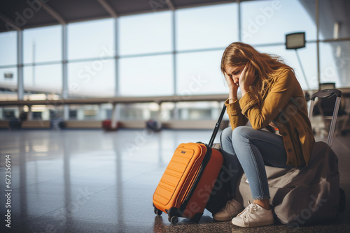 A woman sad because she missed her flight at the airport photo