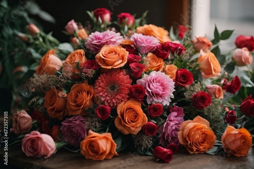 A Colorful Bouquet of Fresh Flowers on a Rustic Wooden Table © Usman
