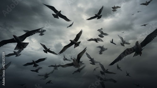 Silhouette of birds flying through a surreal gray sky photo