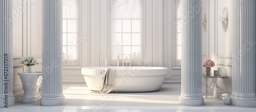 Interior design white bathroom  White tub and white marble. AI generated image