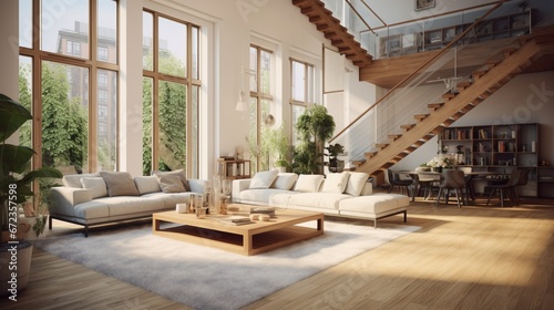 Two-floor apartment with spacious living room with wooden stairs, hardwood floor and many, big windows 8k, © Creative artist1