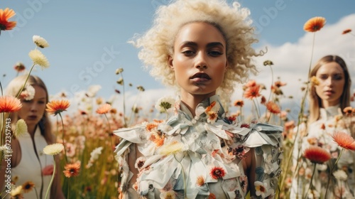 Fashion runway in a blooming meadow, with models wearing floral-inspired avant-garde outfits