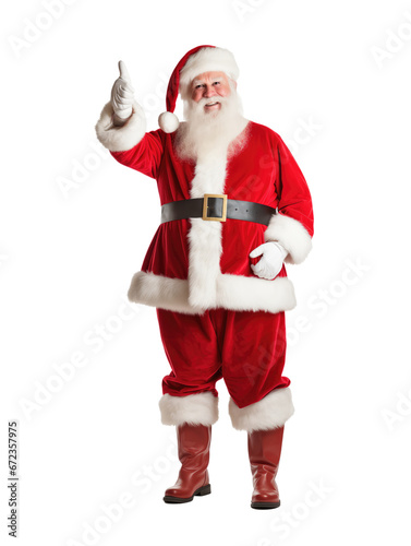Full length portrait of Santa Claus showing thumbs up isolated on transparent background.