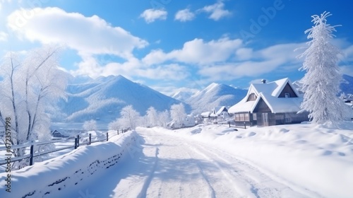 Two-storey cottage. Snow-covered paths in the cottage village. Private houses on the background of mountains. Houses on the background of the sky with clouds. Winter in the cottage village. 8k, © Creative artist1