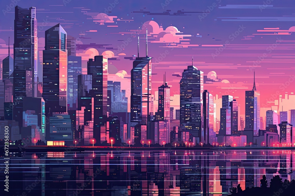 Pixel art illustration of a modern city skyline with skyscrapers, neon lights and waterfront, creating a vibrant and futuristic cityscape. - obrazy, fototapety, plakaty 