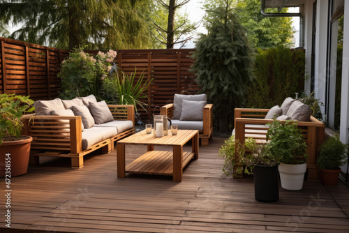 A modern and luxurious outdoor patio with wooden furniture, incl