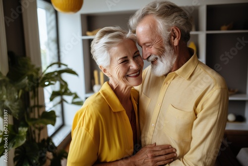 A loving and affectionate older couple in their 70s hugging and enjoying their time together is a touching image of a lifelong bond.