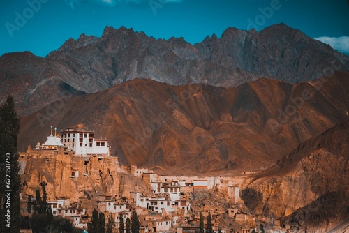Lamayuru Monastery in Ladakh, India, situated on a hilltop amidst the stunning landscape