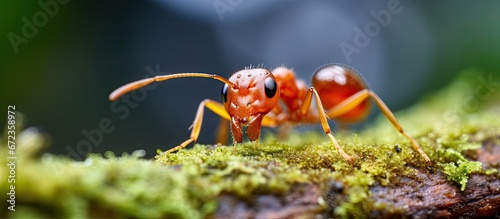 Close up macro shot of a red ant transporting a larva on the ground in its natural habitat © AkuAku