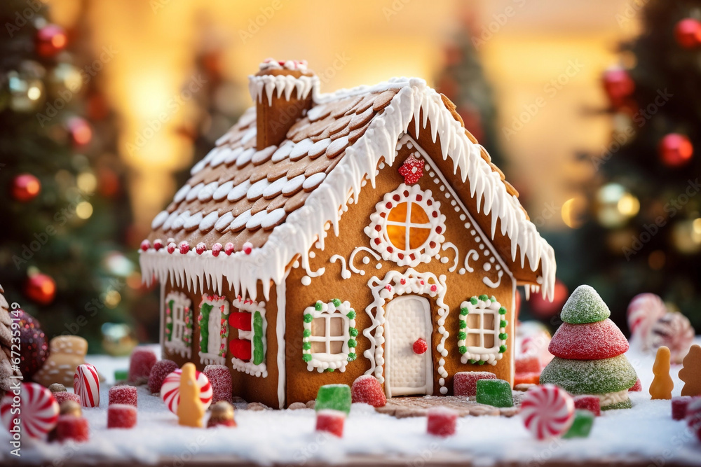 Gingerbread house with cute gingerbread man, Christmas theme, lots of candy, Christmas tree with wrapped gifts. Bright sunny day. Full
Gingerbread house with cute gingerbread man, Christmas theme, lots of candy, Christmas tree with wrapped gifts. Bright sunny day. Full