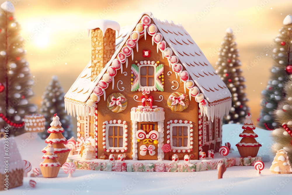 
Gingerbread house with cute gingerbread man, Christmas theme, lots of candy, Christmas tree with wrapped gifts. Bright sunny day. Full