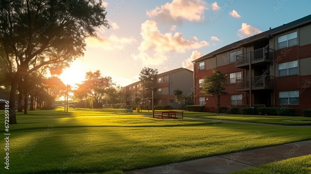 View from grassy backyard of a typical apartment complex building in suburban area at Humble, Texas, US. Sunset with warm light. Panorama style. 8k, - obrazy, fototapety, plakaty 