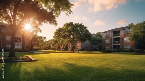 View from grassy backyard of a typical apartment complex building Sunset with warm light. Panorama style. 8k, photo
