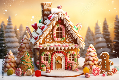  Gingerbread house with cute gingerbread man, Christmas theme, lots of candy, Christmas tree with wrapped gifts. Bright sunny day. Full
