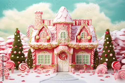  Gingerbread house with cute gingerbread man, Christmas theme, lots of candy, Christmas tree with wrapped gifts. Bright sunny day. Full © A LOT ABOUT EVERYTHI