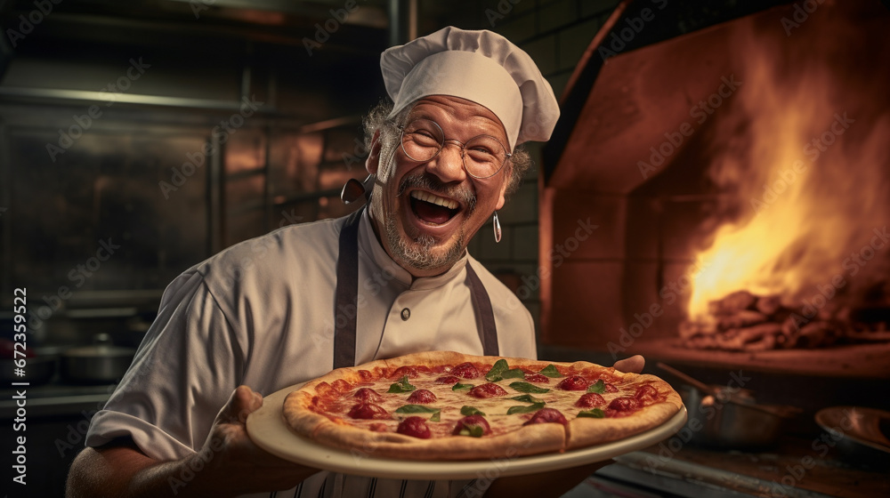 A man with chef hat smiling and holding pizza A man with chef hat smiling and holding pizza