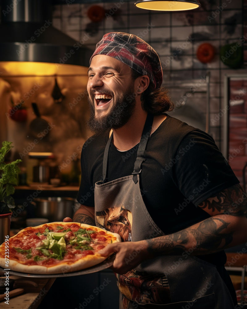 A man with chef hat smiling and holding pizza A man with chef hat smiling and holding pizza